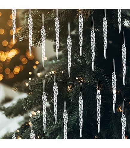 24 Décorations De Noël En Forme De Stalactites Transparentes – En Acrylique, Avec Corde Pour Suspendre. Pour Arbre, Porte, Déco Hivernale.