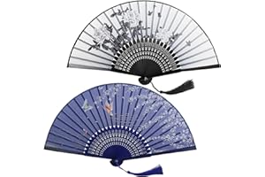 Ourdort 2PCS Éventail Japonais en Soie, Ventilateur à Main Pliable en Bambou, Éventail d'Artisanat, Soie avec Le Motif de Ventilateur à Main, Pour Été Chaud, Décoration de la Maison