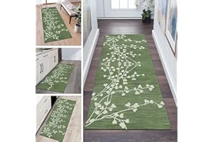 QQRUNNER Teppichläufer rutschfest Meterware 60x120cm Grün Vintage Blatt Muster Dünner Waschbar Läufer Teppich Flur Schlafzimmer Korridor Küchenläufer Teppich Lang, Anpassbare Größe, 40-120cm Breit