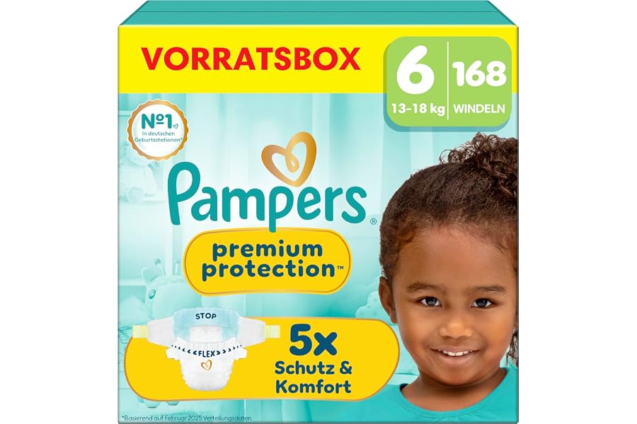 Pampers Premium Protection Größe 6, 168 Windeln, 13kg-18kg | unser Nr. 1 Haut- und Auslaufschutz