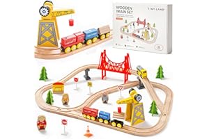 Tiny Land 55 Pcs Circuit Train en Bois, Train Enfant with Grue, Compatible avec Grandes Marques Mainstream, Train Jouet pour Enfants 2~5 Ans