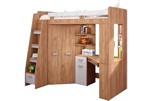 FURNITUREBYJDM High Sleeper/Bunk Bed - ALL IN ONE Right or Left Hand-side Stairs - Kids/Children Furniture Set. Bed, Wardrobe, Shelves, Desk. (Craft-Gold/Craft-White - Left Hand-side Stairs.)