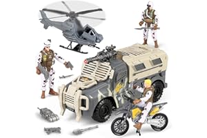 BODERAM Véhicules Militaires Jouets d'hélicoptère,Soldats de l'armée Figurines d'action et Accessoires d'équipement d'armes camions de Combat Militaires Jouets Moto modèles Jouets Voiture Cadeaux de 3+ Ans