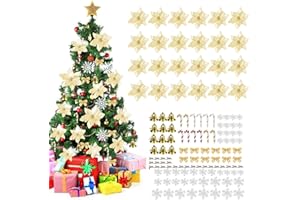‎BIQIQI 120 Stück Christbaumschmuck Weihnachten Funkeln Weihnachtsstern Blumen Künstliche Weihnachten Blumen mit Bögen Bell Schneeflocken Krücken, Weihnachtsdeko Weihnachtsbaum Deco Neujahr Ornamente (Gold)