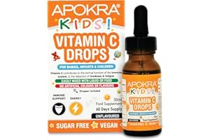 Gocce di Vitamina C - Vegane - Fornitura per 60 Giorni - 30mL - Senza Conservanti e Senza Zucchero Vitamina C per Bambini - VIT C 25mg per 0,5mL | APOKRA Kids