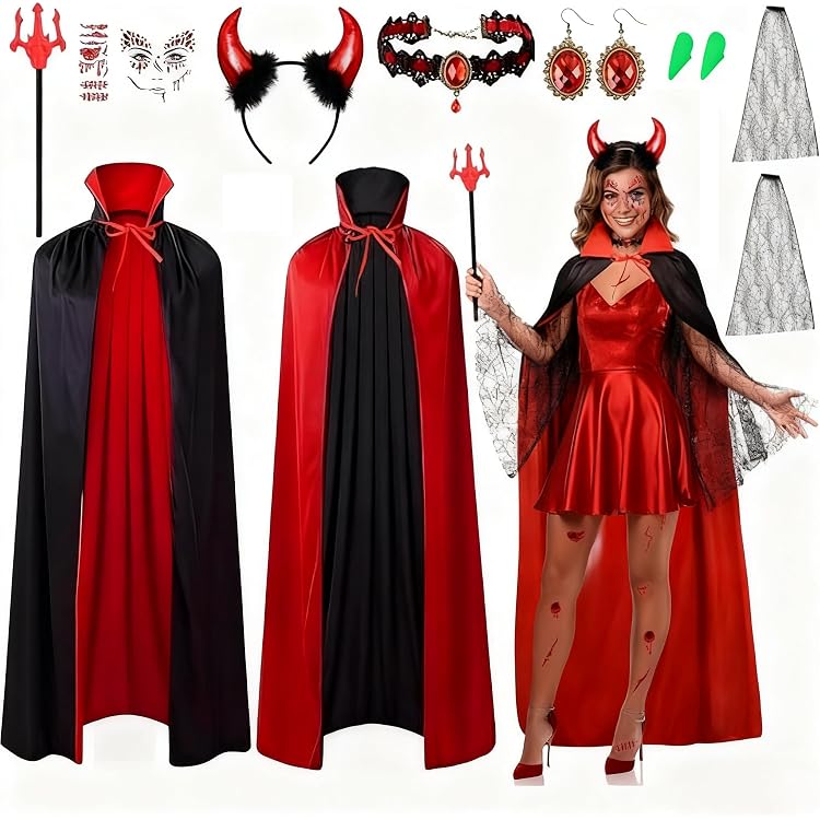 Halloween Kostüm Damen Set – Doppelseitiger Umhang 175 Cm Mit Teufel Hörner & Tattoos