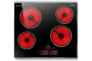 Karienvir Ceramic Hob, Electric Hob 60cm Built in, Ceramic Hob 4 Zones 6000W, Glass Protection Metal Frame, 9 Power Levels, Kitchen Ceramics Hob with Safety Lock, Timer, 220-240V Hard Wire