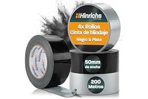 Hinrichs Cinta Americana Plateada/Negra - 4 Rollos de Duct Tape 50m x 50mm - Cinta Adhesiva extrafuerte - Gaffer Tape Impermeable - Cinta Pintar negra/gris - Cinta Adhesiva para Interior y Exterior