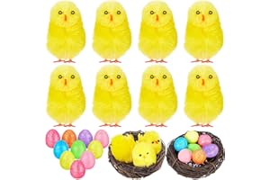 Skylety 20 Stück Oster deko inklusive 8 Stück Mini Flauschige Küken 10 Mini Stück Glitzer Eier 2 Stück Vogelnester Osterdeko zum Ostern Basteln für Oster Modelle Displays Oster Jagd Aktivitäten