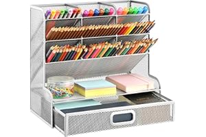 Marbrasse Siatkowy organizer na biurko, wielofunkcyjny uchwyt na długopisy, organizer na długopisy na biurko, organizer na artykuły pa, stojak do przechowywania do szkoły, domu, biura, artykuły plastyczne (srebrny uchwyt na długopis z szufladą)