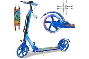 Arebos Trottinette réglable en Hauteur | Pliable | Sangle de Transport Incluse | Roues LED | Frein de pédale à Main | Suspension Avant-arrière | Enfants & Adultes | Charge maximale 100kg