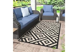GENIMO Outdoor-Teppich, 90 x 150 cm, wasserdicht, wendbar, Kunststoff, Strohteppiche für Terrasse, Wohnmobil, Balkon, Hinterhof, Picknick, Deck (Schwarz & Beige)