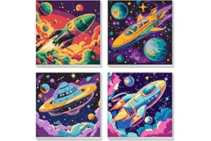 DAERLE 4 Pack Space Rocket, Spaceship Paint by Numbers for Kids Beginner with Frame, Planets and Stars, Painting by Numbers Kit for Adults on Canvas, Acrylic Pigment Arts and Crafts for Home Decor, 8x8 Inch