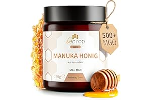 ‎BEDROP bedrop Manuka Honig mit MGO 500+ XXL Glas - 100% echter Premium Manukahonig aus Neuseeland mit zertifiziertem Methylglyoxal Gehalt (Analyse-Zertifikat) - 140g