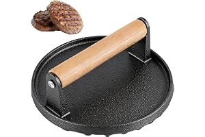 DGN Burger smasher gjutjärn, rund smash hamburgarpress Ø 15,2 cm, smashed hamburgarpress med trähandtag, tung patty-press för