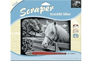 Mammut 137007 - Kratzbild, Motiv Pferd, Silber, glänzend, quer, Komplettset mit Kratzmesser und Übungsblatt, Scraper, Scratch, Kritzel, Kratzset für Kinder ab 8 Jahre