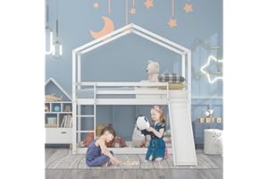Moimhear Cuna para niños, litera baja con tobogán, marco de litera de madera maciza con somier de 90 x 200 cm, blanco (blanco)