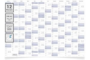 Gigatime Calendario de pared DIN A2 2025, planificador anual de 59,4 x 42,0 cm, calendario 2025, planificador de pared doblado, calendario anual, calendario