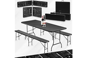 ‎VESKA VESKA® Bierzeltgarnitur 3-teilig Set Tisch + 2x Bank, wetterfest für drinnen und draußen, klappbar mit Tragegriffen, Kunststoff, Gartengarnitur, Klapptisch, Gartentisch 180 cm Rattan-Optik (anthrazit)