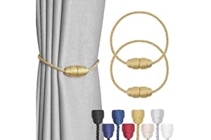 Pretty Jolly 2 Pack Strong Magnetic Curtain Tiebacks Handmade Weave Side Rope Curtain Holdbacks Unique & Elegant Decorative Curtain Drape Tie Backs for Home & Office Window Drapery (Gold)