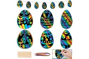 GOMANCHE 36 Pieces Easter Scratch Art Paper, Easter Egg Rainbow Magic Scratch Crafts Ornaments with Wooden Stick and Ribbon for Kids Easter Party Favor Decorations