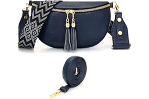 YISUOHOOM 100% Leder Bauchtasche Damen Stylisch Crossbody Bag Damen Breiter Gurt Blau Brusttasche Mit 2 Trageriemen，Kreditkartenfach
