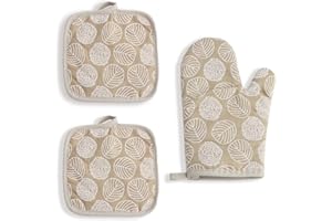 VODUNS Guanti da forno antiscivolo, resistenti al calore, guanti da forno in cotone, guanti da cucina con fibbia a sospensione, 1 paio di guanti da cucina e 2 presine, per barbecue, cucina e pizza