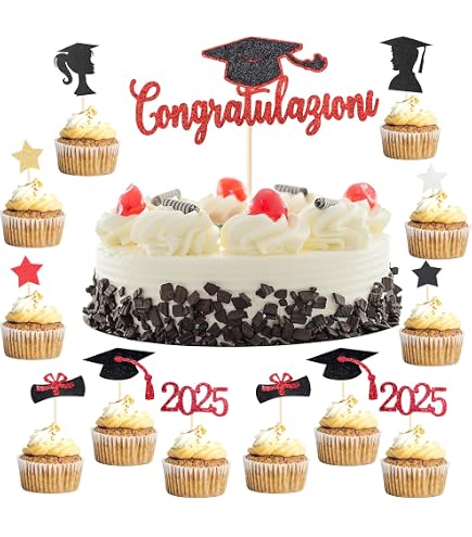24 pezzi glitterati 2025 per cupcake, decorazione per laurea, decorazione per feste di laurea (nero e oro