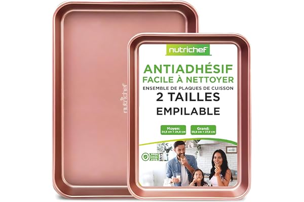 NutriChef Plaques de Cuisson Antiadhésives - Plaques de Cuisson en Acier au Carbone pour Four - Plateau Four - Empilables et Faciles à Nettoyer - Grandes et Moyennes - Or Rose