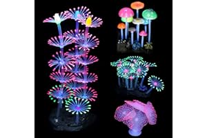 Lpraer Mangsen Paquete de 4 Decoraciones Brillantes para Acuario, Arrecife de Coral, Hongo Brillante, anémona, simulación de Planta de Coral, Efecto Brillante, Silicona para Decoraciones de peceras