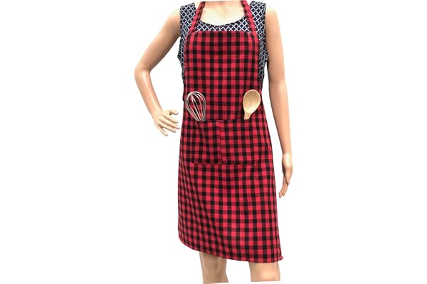 Pixel Home Cotton Apron 100% Cotton Check Kitchen Apron with Front Center Pocket Best Design Apron