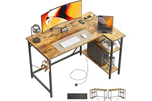 DOMSHOCT Small L Shaped Desk with Power Outlets&Hooks, 100x70cm Corner Computer Desk PC Gaming Desk, Large Storage Reversible Shelves, Home Office Writing Table for Study workstations Bedroom Brown
