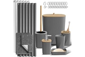 Clara Clark Bathroom Accessories Set - Grey Bathroom Set, Bathroom Sets with Shower Curtain and Rugs, 22PC Shower Curtain Set with Bathroom Trash Can