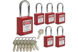 EazyBreezy 6 Set Safety Lockout Padlock 6 Padlocks with 12 Keys & 1 Master Key Steel Shackle Security Lockout Tagout Lock for Lock Out Tag Out Devices - 38mm, Red