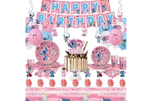 Ficlwigkis Stitch Party Tableware Set,Stitch Party Supplies Birthday Decorations,Birthday Party Decorations with Plates Balloons Cups Napkins Tablecloth Banner for 10 Guests (Pink)