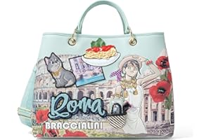 Braccialini Cartoline Roma Borsa a mano realizzata con molteplici lavorazioni di stampa inkjet e alta frequenza che riporta una simpatica viaggiatrice intenta a godersi la fantastica Roma. Tracolla in