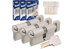 GERCAR Juego de 3 cilindros 30/30 de 3 cilindros de cierre con pomo y 15 llaves, 60 mm, cerradura de cilindro de 3 cilindros – Longitud: 60 mm, A: 30 B: 30 – Latón mate macizo