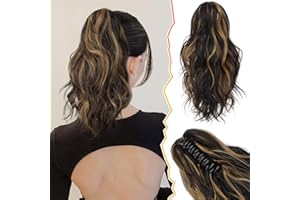BARSDAR Claw Clip Ponytail Extension, 14'' Short Wavy Curly Balayage Ponytail Hair Extensions Synthetic Thick Jaw Clip in Pony Tails Hairpieces Soft Natural Daily Party (Black & Blonde)