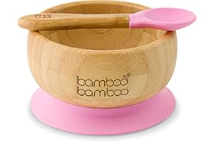 bamboo bamboo Baby Bowl and Spoon Set, Baby Bowls for Weaning, Baby Suction Bowl with Silicone Suction Ring, Toddler Bowls with Baby Spoon, Weaning Bowl for Babies from 6 Months (Pink)