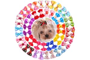 HOLLIHI 50pcs / 25 Pairs Adorable Grosgrain Ribbon Pet Dog Hair Bows with Rubber Bands - Puppy Topknot Cat Kitty Doggy Grooming Hair Accessories Bow knots Headdress Flowers Set for Groomer