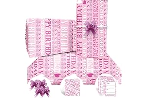 ZALIOAN Papel de Regalo Cumpleaños Rosa,4 Hojas 85 * 60cm Papel Regalo con 4*Cuerda de mariposa,2*Tarjetas,4*Calcomanías Papel Regalo para Mujer Y Niña