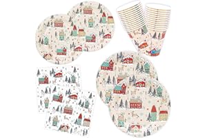 HNH Christmas Paper Plates, Napkins, Paper Cups, Dessert Plates Set 100 Pieces Christmas Village Party Tableware for Table Decorations