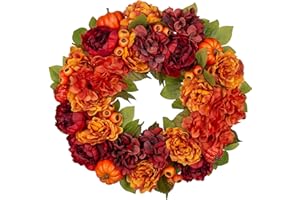 Oairse 60cm/24inch Artificial Fall Floral Wreath for Front Door Autumn Wreath with Pumpkin Peony Hydrangea for Halloween Thanksgiving Day Indoor Outdoor Farmhouse Window Wall Décor