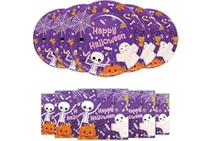 HNH Set di Piatti di carta Halloween 40 pezzi Fantasma, Viola Piatti da cena 23 cm con Tovaglioli di carta usa e getta per feste