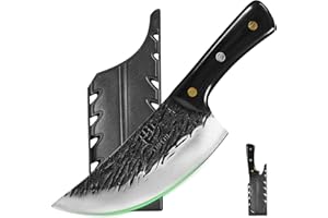 FULLHI Manico in legno Mannaia per carne pesante con fodero 2 pezzi, affettatrice in acciaio ad alto tenore di carbonio per la casa, il campeggio e il barbecue (Nero, 17cm)