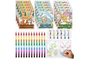 ICEPAPA, 12 Mini Malbücher für Kinder und 12 Wachsmalstifte Stapelbar (12 Farben in 1), Perfekt für Mitgebsel Kindergeburtstag, Abschiedsgeschenk Kindergarten und kleine Geschenke für Kinder