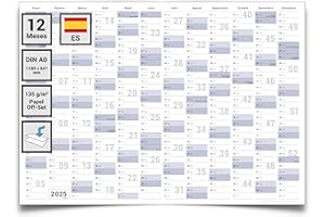 Gigatime ® Din A0 2 x calendario de pared XL 2025 planificador anual formato: 118,8 x 84,0cm- DIN A0 - plegado - planificador de pared, calendario anual, calendario, poster - Espanol