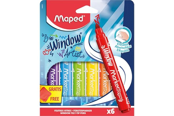 Maped Marker'Peps fönsterpennor, 5 mm bred spets och vattenraderbart bläck - 6 blandade pennor med glaserade ytor + 1 mikrofi
