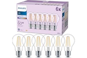 Philips pack de 6 ampoules LED E27, 60W, transparentes, 4000K, blanc froid, verre