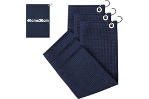CAIXIANGYU Lot de 3 Serviettes de Golf Microfibre Professionnelles - 40x30cm Haute Absorption & Séchage Rapide, Anti-Odeurs avec Mousqueton pour Sacs de Golf/Sport (Marine)
